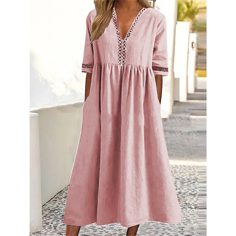 Women's White Yellow Pink Summer Spring Fall Midi Dress Cotton Linen Dresses Casual Dress Swing Dress Basic Classic Casual Outdoor Vacation Daily Loose Fit Plain V Neck