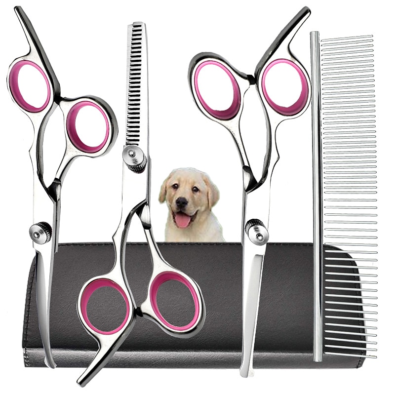Dog Grooming Scissors Kit with Safety Round Tips Stainless Steel Professional Dog Grooming Shears Set - Thinning Curved Scissors and Comb for Dog Cat Pet