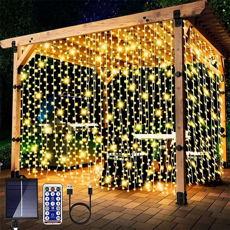300LEDs Solar Curtain Lights Outdoor Indoor Solar String Lights Outdoor Waterproof Fairy Window Lights Twinkle Lights 8 Modes Christmas Decoration for Home Garden Patio Wedding Party