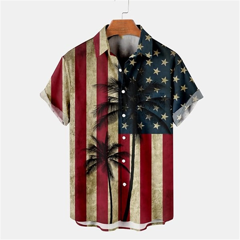 American Independence Day Men's Vintage American Flag Shirt Button Up Shirt Short Sleeve Fashion Streetwear Designer Daily Going out Independence Day Summer Spring Turndown Print Red Navy Blue Blue3