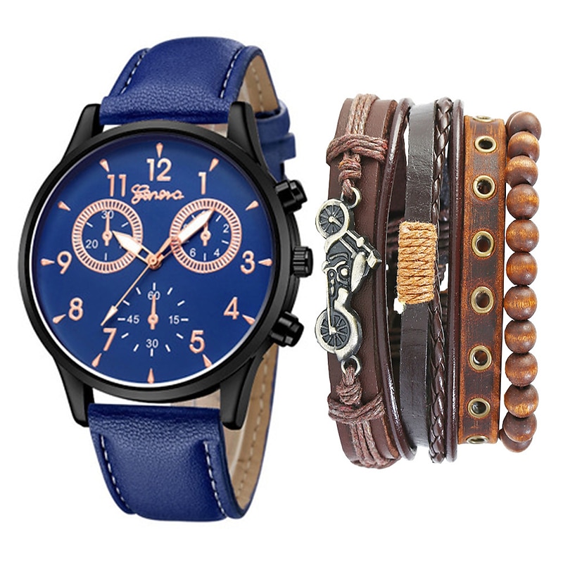 Watch Set Men's Fashion Casual Two Eye Belt Quartz WatchBicycle Punk Bracelet 5pcs/set3
