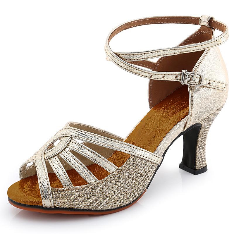 Women's Gold Glitter Latin Dance Shoes – Strappy Open-Toe Heels with Ankle Strap for Ballroom & Salsa Performance2