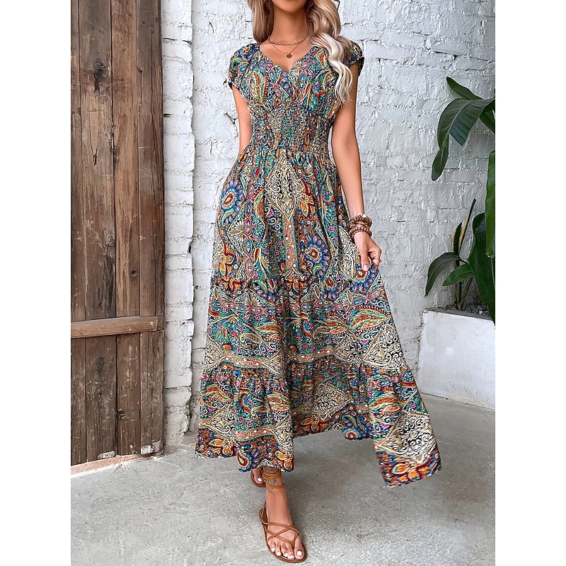 Women's Maxi long Dress Casual Dress Swing Dress Summer Dress Boho Dress Bohemia Fashion Casual Outdoor Vacation Daily Loose Fit Floral Paisley Tribal Short Sleeve V Neck ArmyGreen Red Orange Green