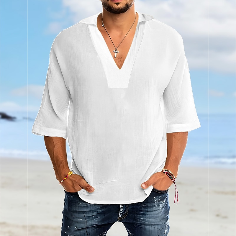 Men's Shirt Cotton Linen Shirt White Cotton Shirt Summer Shirt Casual Shirt Beach Shirt Plain Vacation Casual White Pink Blue Short Sleeve V Neck Spring & Summer Clothing Apparel - Main Image