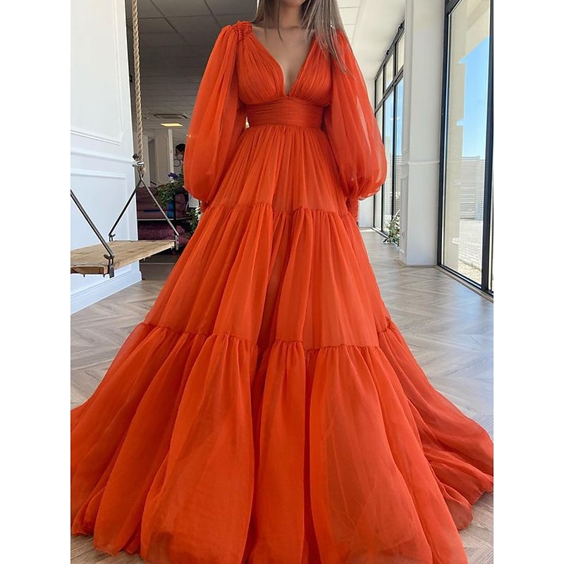 A-Line Evening Gown Elegant Dress Formal Wedding Guest Floor Length Long Sleeve V Neck Chiffon with Ruched4