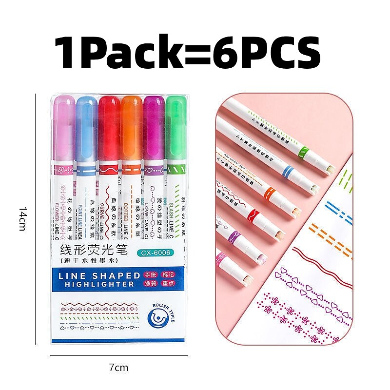 6Pcs/pack Curve Highlighter Pen Flower-shaped Curve Line Highlighters Multiple Shapes Graffiti Markers Pen Roller Tip Art Stationery3