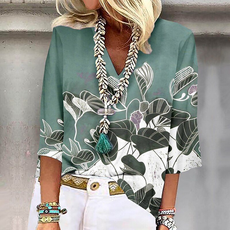 Women's Shirt Button Down Blouse Basic Print 3/4 Length Sleeve Regular Tops Shirt Button Down Blouse Collar Casual Holiday Pink Blue Green Khaki
