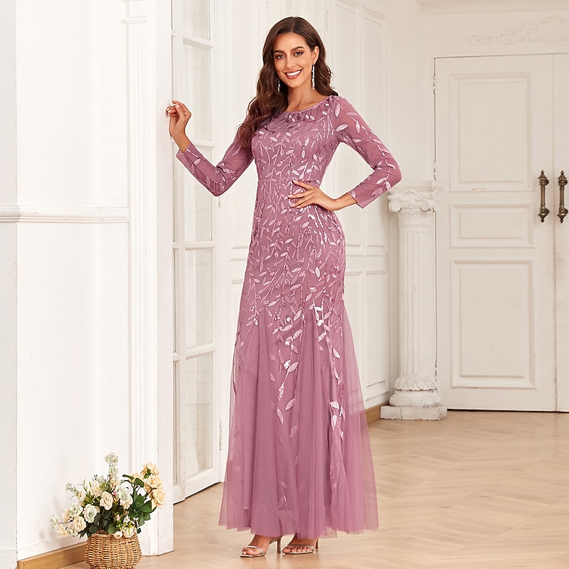 Mermaid Evening Gown Sequin Elegant Dress Wedding Guest Prom Floor Length Long Sleeve Jewel Neck Tulle with Embroidery dress to impress2