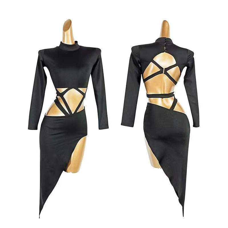 Dance Salsa Latin Dance Dress Hollow-out Pure Color Splicing Women's Performance Party Long Sleeve Polyester2