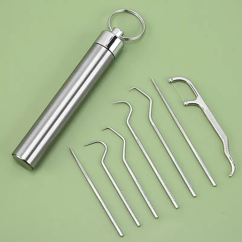 Stainless Steel Toothpicks Pocket Set Portable Floss Pick Reusable Metal Toothpicks Tooth Cleaning Kit With Keychain Holder For Outdoor Picnic Camping Traveling2