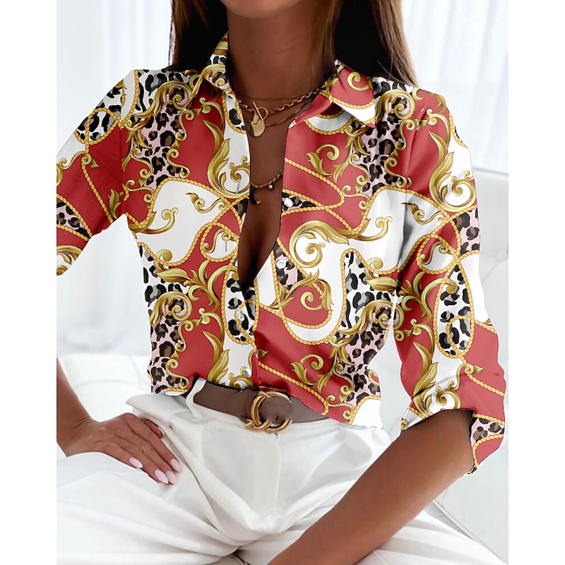 Women's Shirt Long Sleeve Button Down Blouse Basic Buttons Print Regular Tops Shirt Collar Casual Pink Red Purple Spring Fall3