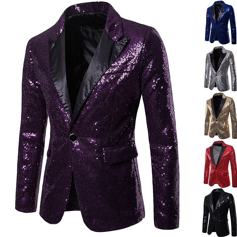 Men's Blazer Performance Cocktail Party Punk Fashion Spring Fall Sequin Solid Color Pocket Shining Single Breasted One-button Blazer Silver Black Red Blue2
