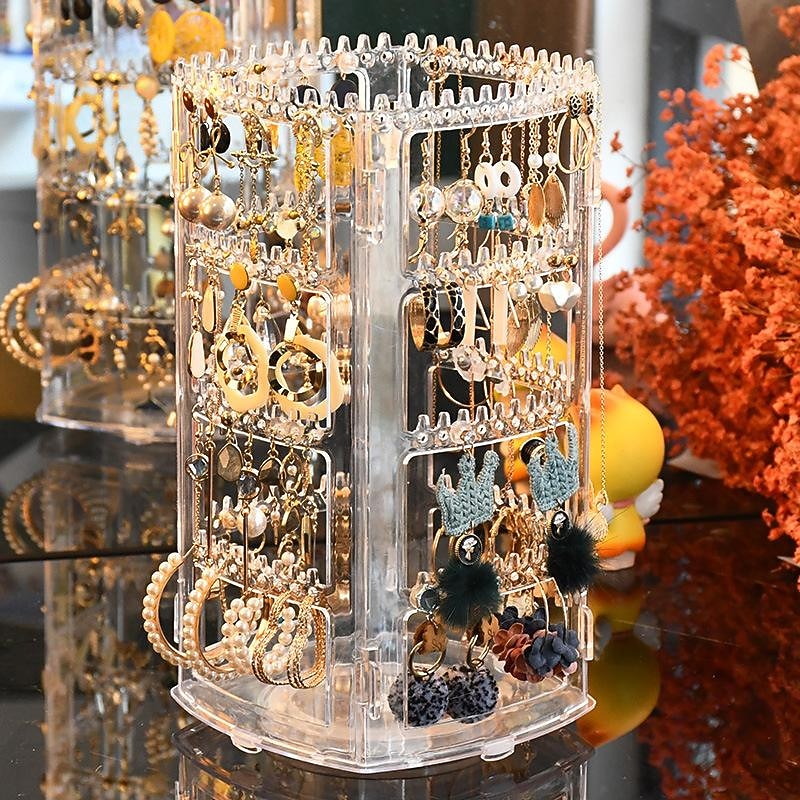 4-Tier 360°Rotating Earrings Holder, rotating jewelry display stand ear clip earrings earrings jewelry storage box hanging necklace shelf2