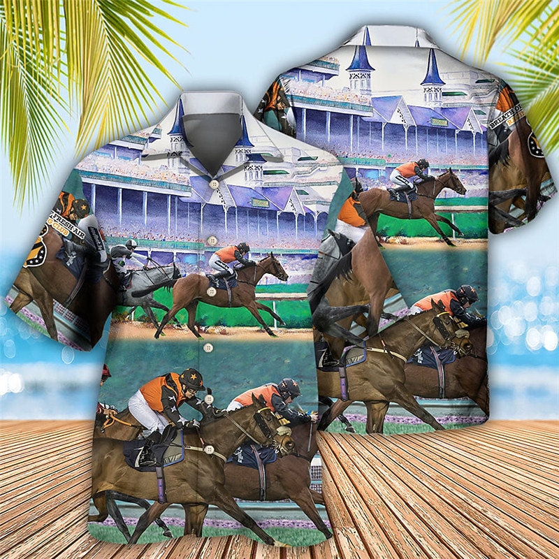 Kentucky Derby Men's Horse Horse Racing Shirt Summer Hawaiian Shirt Button Up Shirt Short Sleeve Sports Fashion Streetwear Outdoor Casual Hawaiian Summer Spring Cuban Collar Print Funny Kentucky2