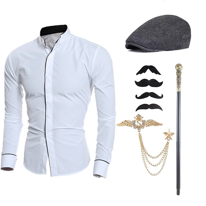 Mens 1920s Gangster Outfit Shirt with Accessories Set 5 Pcs Retro Vintage Roaring 20s Theme Party Cosplay Costume Newsboy Hat Beard Brooch Cane
