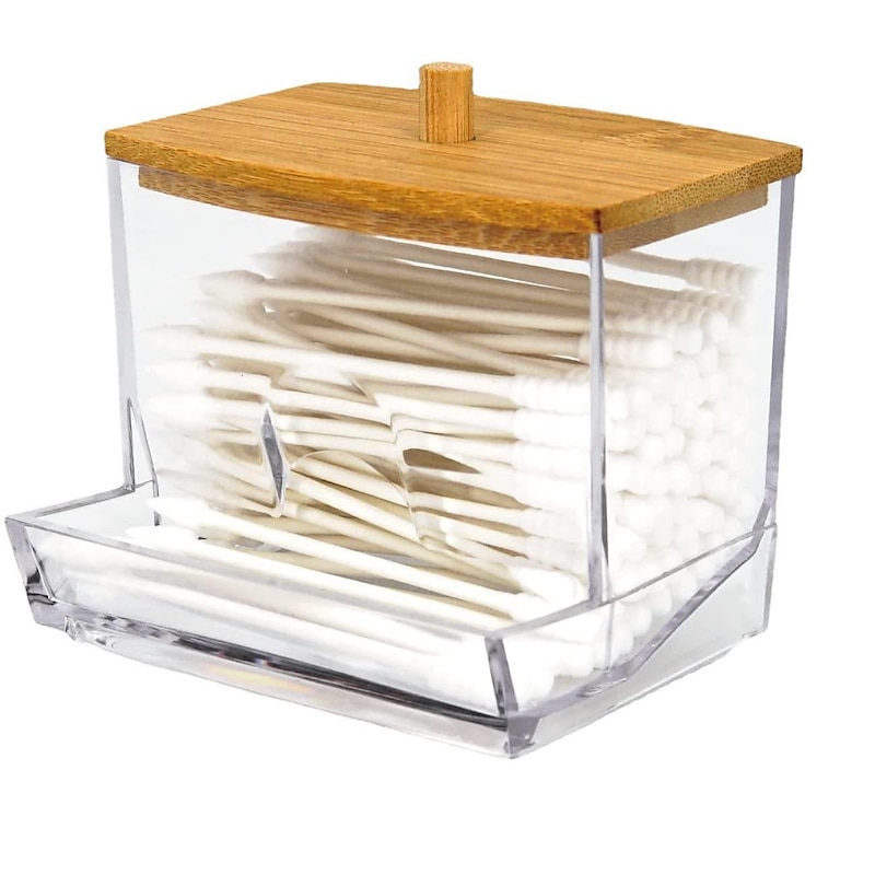 Cotton Swab Pads Holder, Qtip Cotton Buds Ball Dispenser, Bathroom Containers Apothecary Jar For Storage With Wood Lids