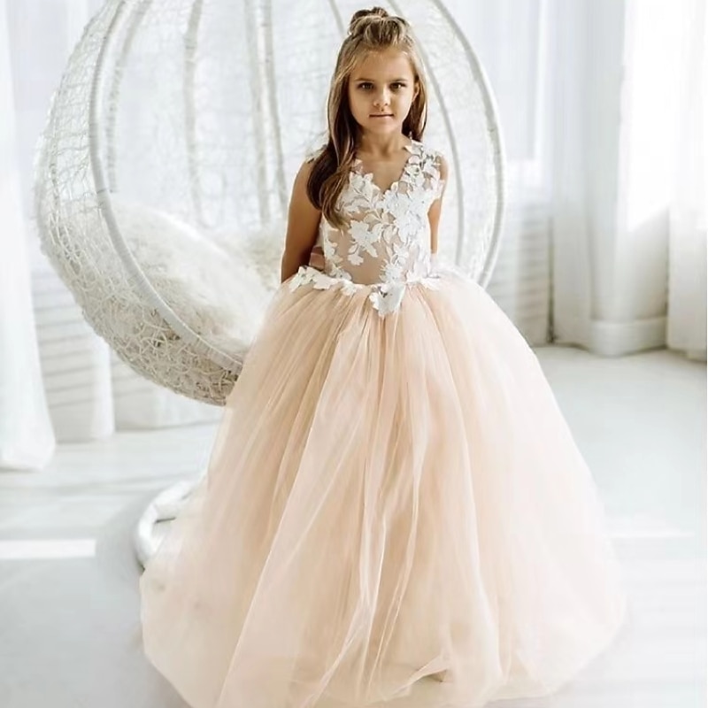 Kids Girls' Flower Girl Dress Party Dress Solid Color Sleeveless Performance Wedding Party Mesh Princess Sweet Mesh Mid-Calf Sheath Dress Floral Embroidery Dress Tulle Dress Summer Spring Fall 2-12