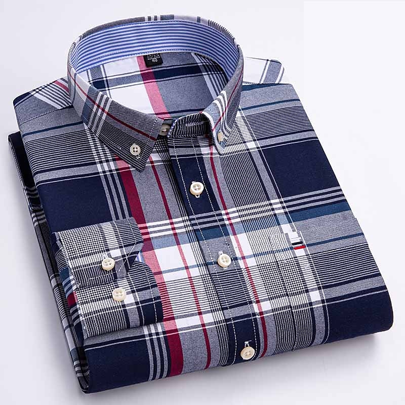 Men's Dress Shirt Button Down Shirt Oxford Shirt Non Iron Shirt Stripes and Plaid Wedding Vacation grey blue Red Blue Brown Long Sleeve Turndown All Seasons Clothing Apparel Button-Down