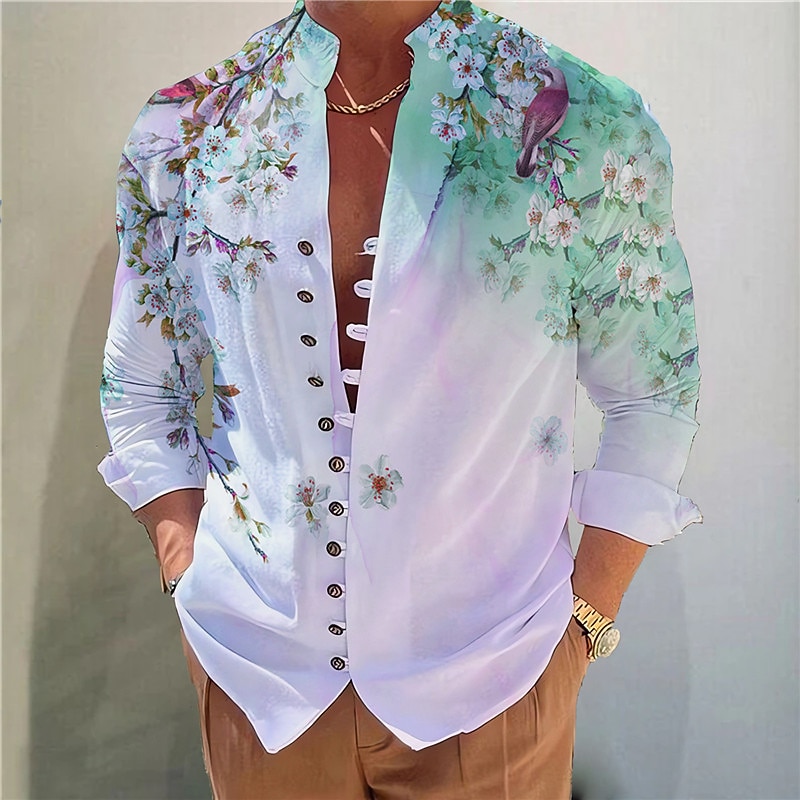 Men's Floral Shirt Button Up Shirt Long Sleeve Fashion Designer Casual Vacation Daily Going out Fall Autumn / Fall Spring & Summer Stand Collar Print Blue Purple Green Gray2