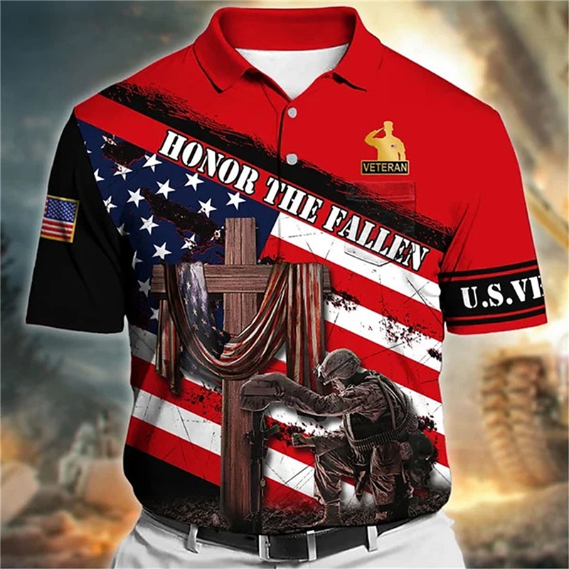 Men's American Flag Veterans Polo Shirts Golf Shirt Short Sleeve Polo Shirts Collared Shirts Casual Streetwear Vacation Wear Party Outfits Buttons 3D Print Wine Red Navy Blue