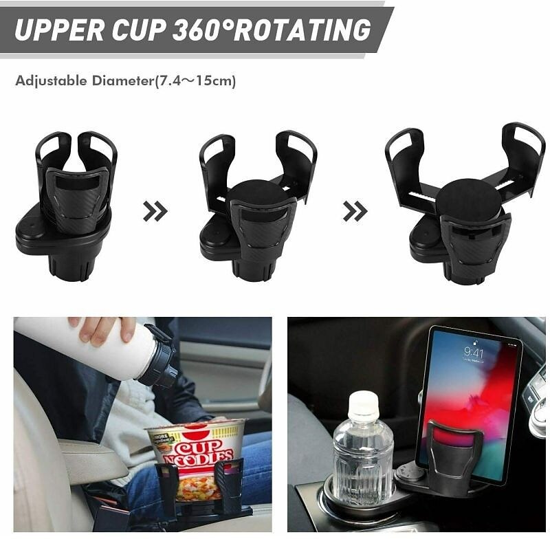 2 in 1 Multifunctional Car Cup Holder 360 Rotating Adjustable Car Cup Holder Expander Adapter Base Tray for Snack Bottles Cups4