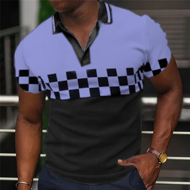 Men's Plaid Polo Shirts Golf Shirt Short Sleeve Polo Shirts V Neck Casual Vacation Wear Formal Wear Festival Wear 3D Print Black Yellow Blue4