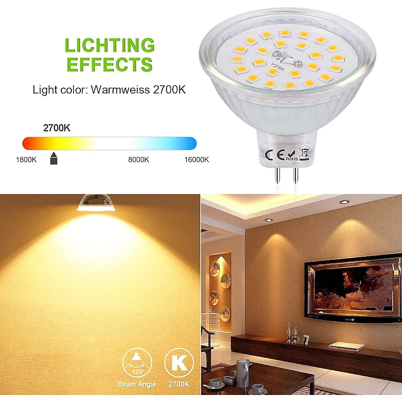 4 Pcs GU5.3 Mr16 LED Spotlight Bulb Warm White 3000K/6000K 4W Equivalent to 40W Halogen Lamp AC/DC 12V Non Dimmable