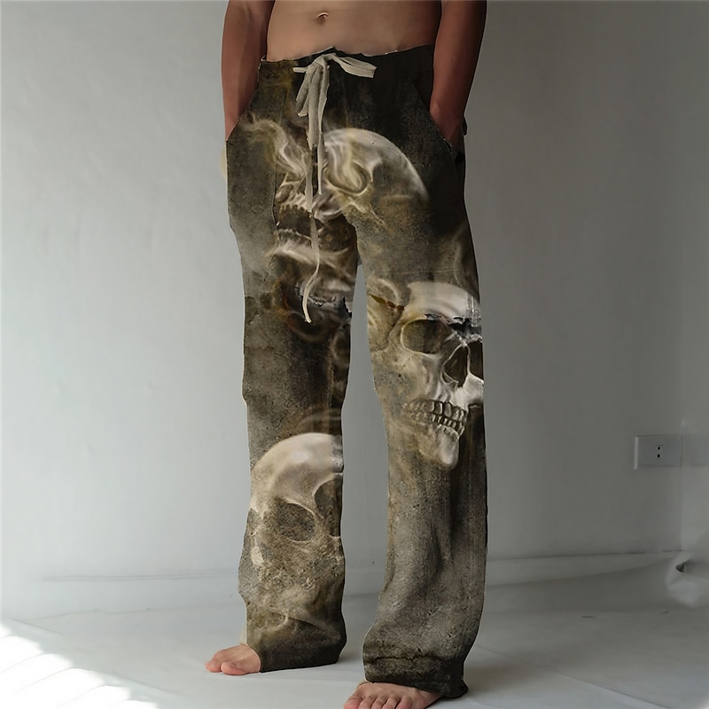 Men's Trousers Summer Pants Beach Pants Drawstring Elastic Waist 3D Print Skull Graphic Prints Comfort Casual Daily Holiday Streetwear Hawaiian Khaki