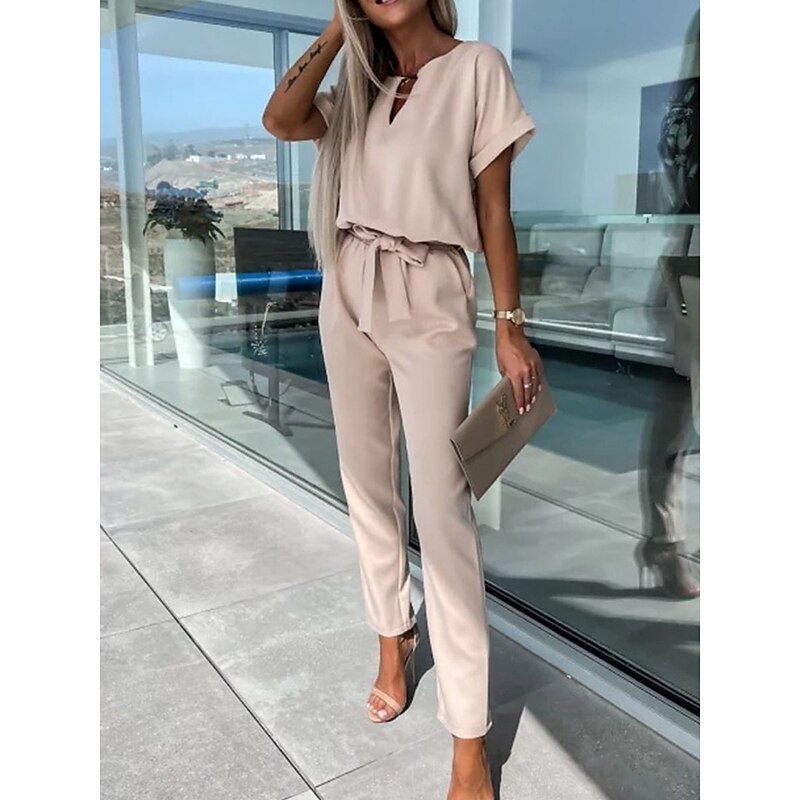 Women's Jumpsuits Casual Summer Lace up High Waist Solid Color Crew Neck Business Office Work Loose Fit Short Sleeve Black Pink Fuchsia S M L4