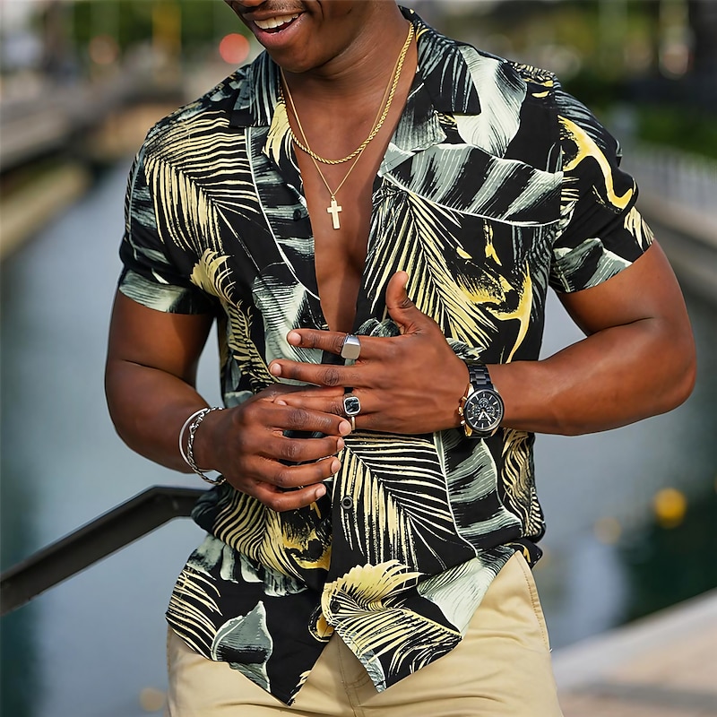 Men's Leaves Tropical Plants Shirt Summer Hawaiian Shirt Aloha Shirt Short Sleeve Shirt Cuban Collar Sports Fashion Streetwear Outdoor Casual Hawaiian Black Yellow Red S M L