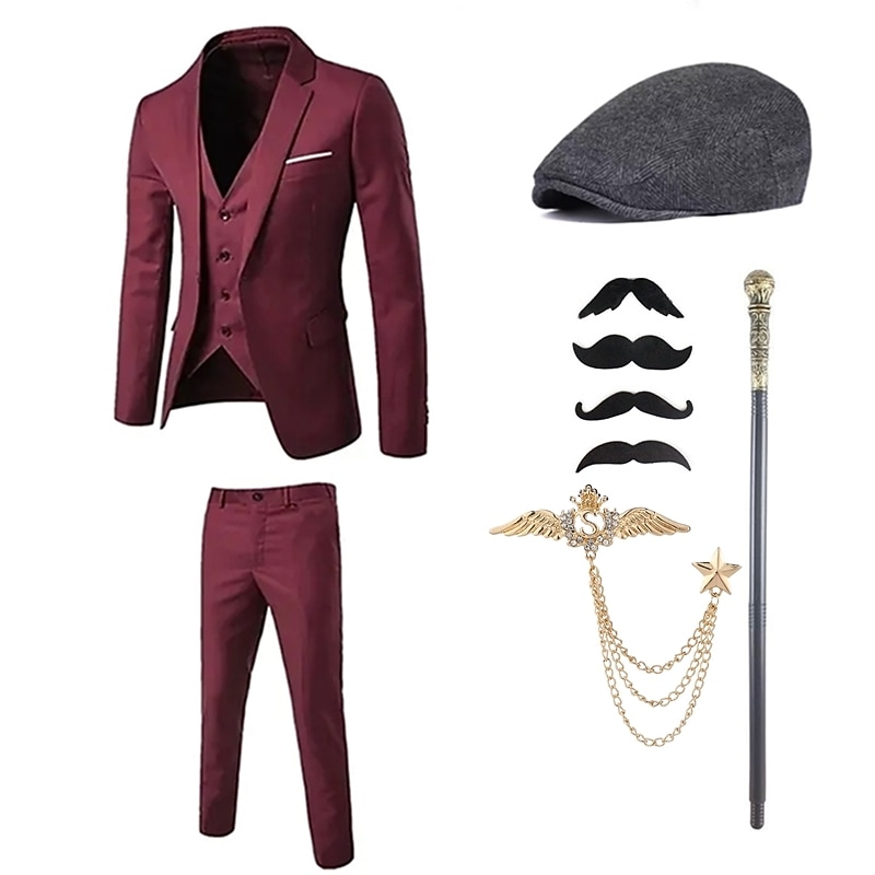 Retro Vintage Roaring 20s 1920s Outfits Suits & Blazers Accesories Set Gentleman Gangster Buckle Solid Colored Turndown Fancy Dress Men's Halloween Carnival Party & Evening Casual Daily Party4