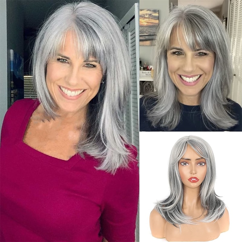 Grey Layered Synthetic Wigs for White Women Wig With Bangs Side Part Layered Mixed Silver Grey Wavy Natural Hair Wig for Women Daily Party Gray Wig