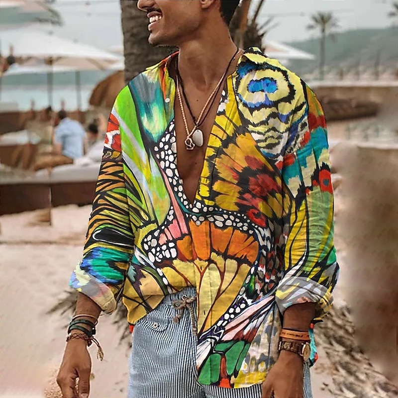 Men's Butterfly Shirt Summer Hawaiian Shirt Aloha Shirt Long Sleeve Shirt Turndown Fashion Streetwear Designer Outdoor Street Casual White Yellow Green S M L