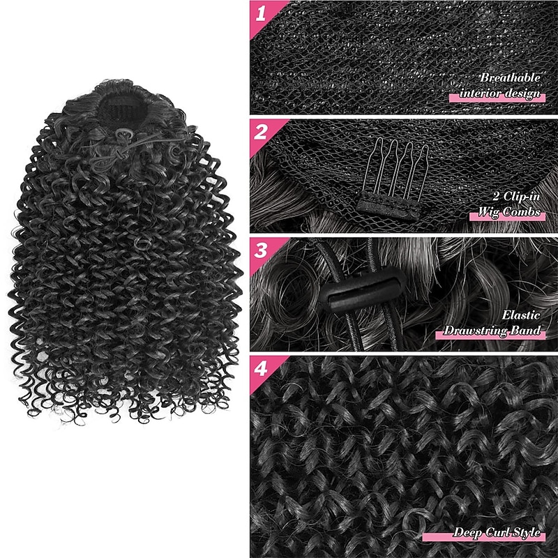Deep Curly Drawstring Ponytail Extension for Black Women Afro Kinky Curly Pony Tail Hair Piece Synthetic Hair Extensions With 2 Clips 14 Inches4