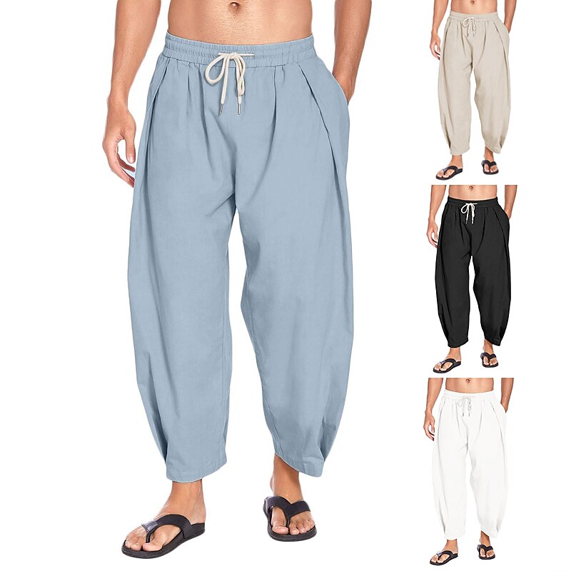 Men's Linen Pants Summer Pants Baggy Pants Harem Pants Boho Pants Elastic Waist Solid Color Comfort Breathable Casual Daily Beach Hippie Yoga Black White Micro-elastic - Main Image