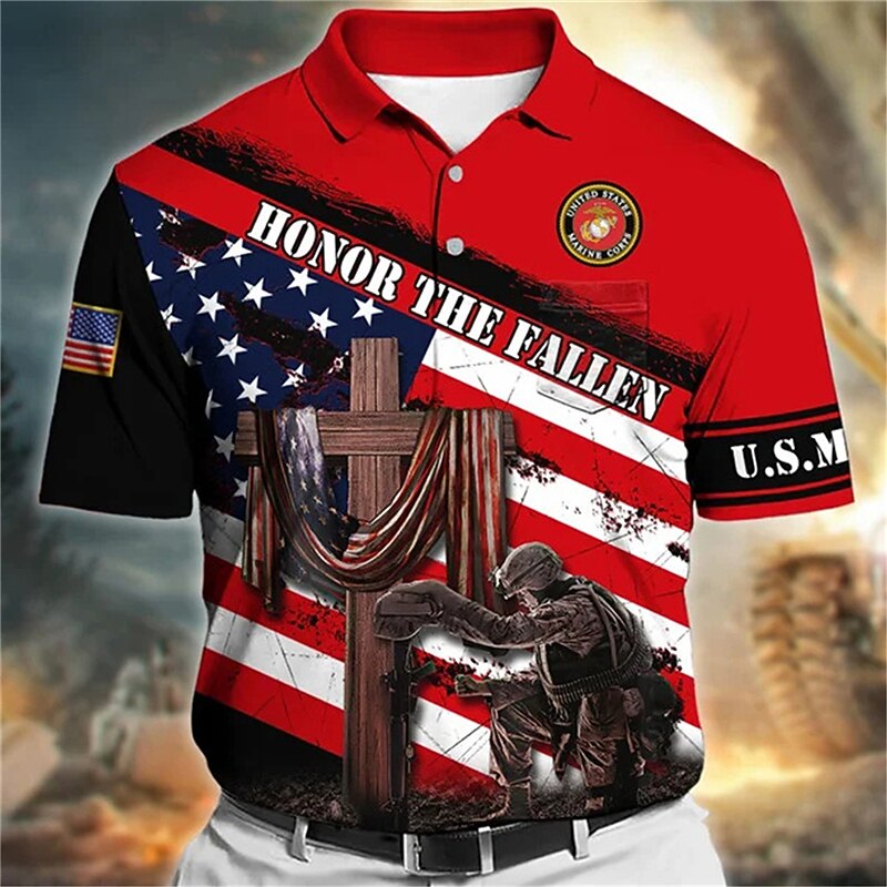 Men's American Flag Veterans Polo Shirts Golf Shirt Short Sleeve Polo Shirts Collared Shirts Casual Streetwear Vacation Wear Party Outfits Buttons 3D Print Wine Red Navy Blue4