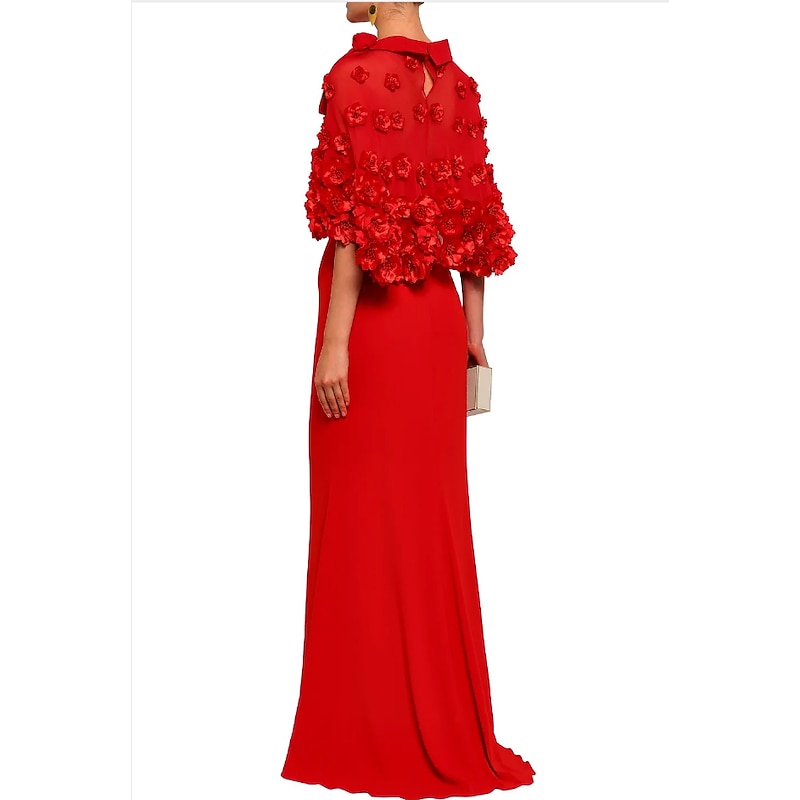 Sheath Evening Gown Elegant Dress Wedding Guest Formal Evening Floor Length Half Sleeve Jewel Neck Fall Wedding Reception  with Pleats3