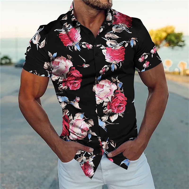 Men's Floral Shirt Button Up Shirt Short Sleeve Fashion Streetwear Designer Outdoor Street Daily Summer Spring Turndown Print Black White Navy Blue Blue Gold2