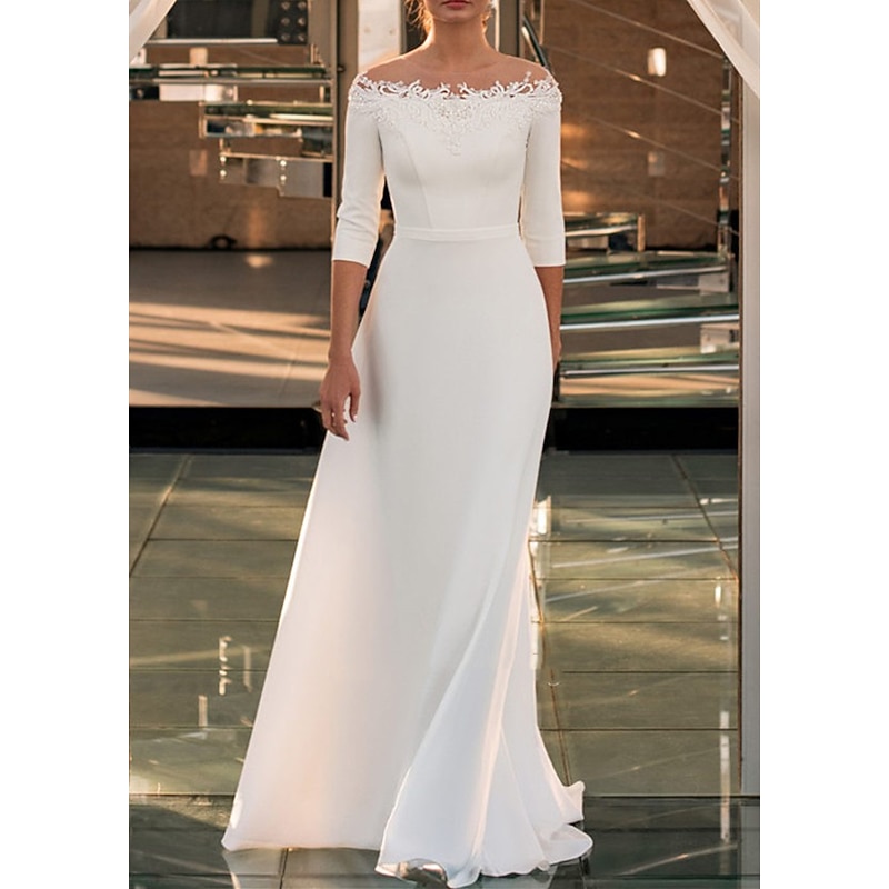 Engagement Formal Wedding Dresses A-Line Off Shoulder 3/4 Length Sleeve Sweep / Brush Train Lace Bridal Gowns With Appliques Solid Color3