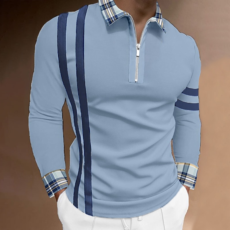 Men's Polo Shirt Golf Shirt Outdoor Work Standing Collar Long Sleeve Sports Fashion Plaid / Check Patchwork Braided All Seasons Slim White Blue Polo Shirt2