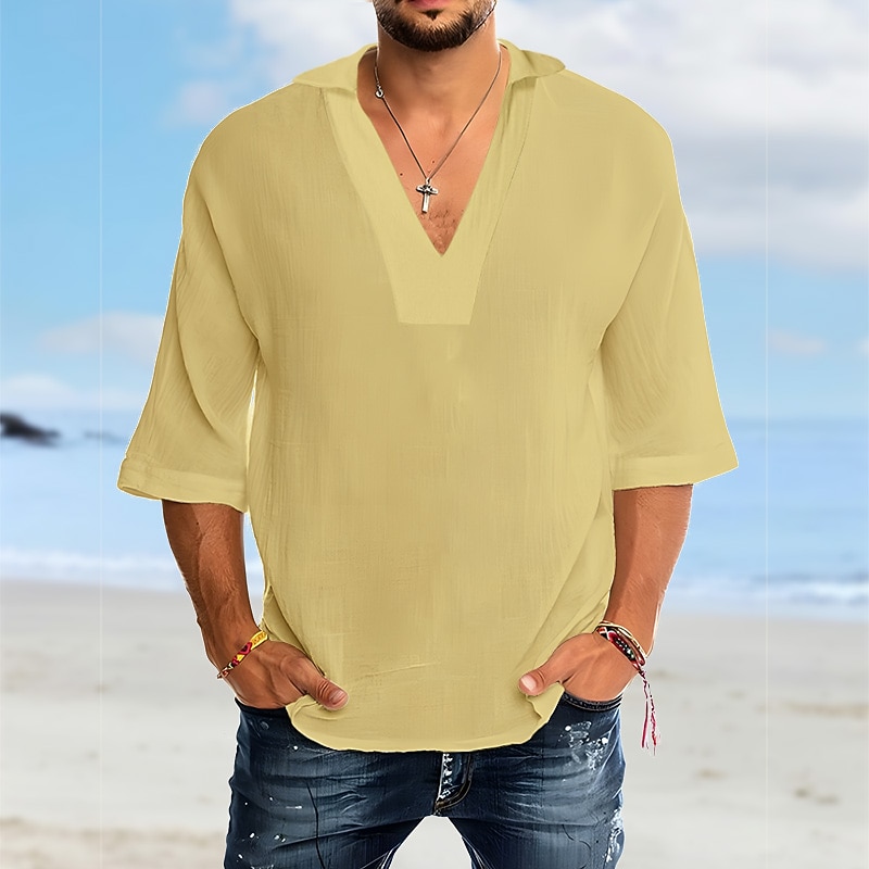 Men's Shirt Cotton Linen Shirt White Cotton Shirt Summer Shirt Casual Shirt Beach Shirt Plain Vacation Casual White Pink Blue Short Sleeve V Neck Spring & Summer Clothing Apparel2