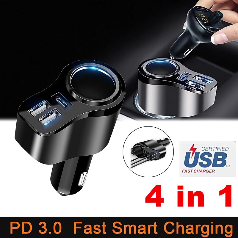 Usb Splitter For Car, 4 In 1 USB C Car Charger, 36W Multi USB Cigarette Lighter Adapter Socket Splitter With 3 USB Ports,12V/24V Dual USB Type C PD Fast Car Charger Adapter