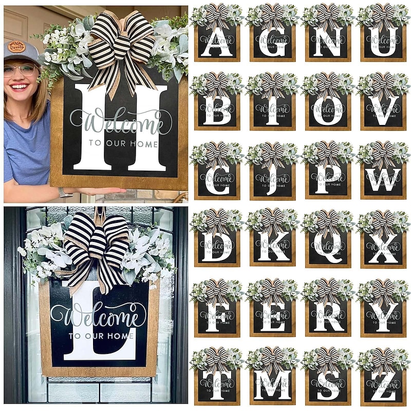 Initial Last Name Year Round Front Door Wreath Welcome Sign Garland Personalized Creative 26 Letter Farmhouse Wreath for Front Door Spring All Seasons Outside Hanger Decor Gift