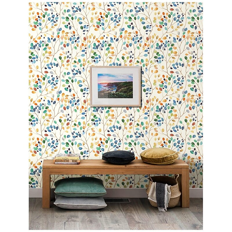 Cool Wallpapers Wallpaper Aesthetic Wall Mural Floral Peel and Stick Wallpaper Colorful Forest Beige/Orange/Blue Removable Contactpaper for Nursery Decorations 17.7in x 118in4