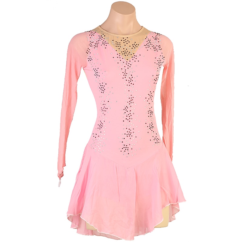 Figure Skating Dress Women's Girls' Ice Skating Dress Dusty Rose Patchwork Mesh High Elasticity Training Competition Skating Wear Classic Crystal / Rhinestone Long Sleeve Ice Skating Figure Skating