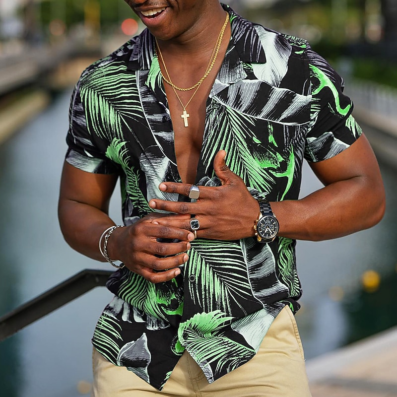 Men's Leaves Tropical Plants Shirt Summer Hawaiian Shirt Aloha Shirt Short Sleeve Shirt Cuban Collar Sports Fashion Streetwear Outdoor Casual Hawaiian Black Yellow Red S M L3