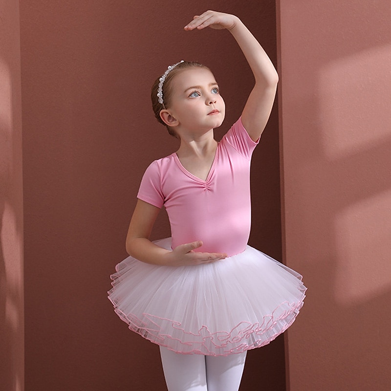 Kids' Dancewear Ballet Leotard / Onesie Bowknot Pure Color Splicing Girls' Performance Training Short Sleeve High Cotton Blend Tulle