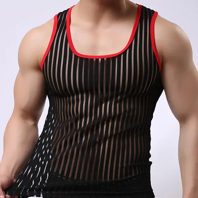 Men's Tank Top Vest Top Undershirt Racer Back Tank Top Sleeveless Scoop Neck Summer Color Block Fashion Streetwear Bodybuilding Fitness Transparent Sports & Outdoor Athleisure Black White Yellow Top2