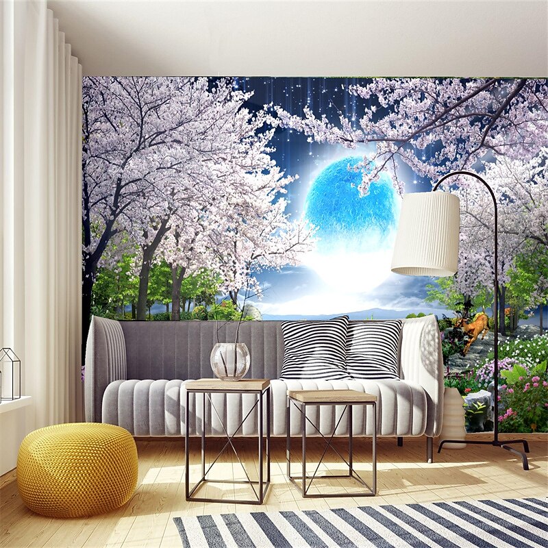 Cool Wallpapers Wall Mural Landscape 3D Mural Wallpaper Night View Cherry Blossom Wall sticker Self-adhesive PVC/Vinyl for Living Room Bedroom Restaurant Hotel Wall Cloth Room Home Decor3