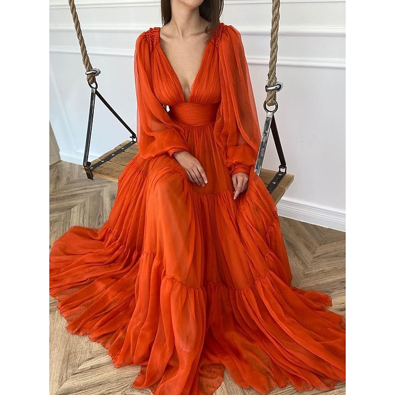A-Line Evening Gown Elegant Dress Formal Wedding Guest Floor Length Long Sleeve V Neck Chiffon with Ruched2